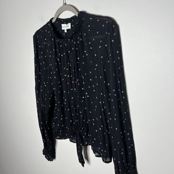 Bella‎ Dahl Top Womens Medium Black Floral Smocked Long Sleeve Tie Front Rayon - Picture 8 of 13